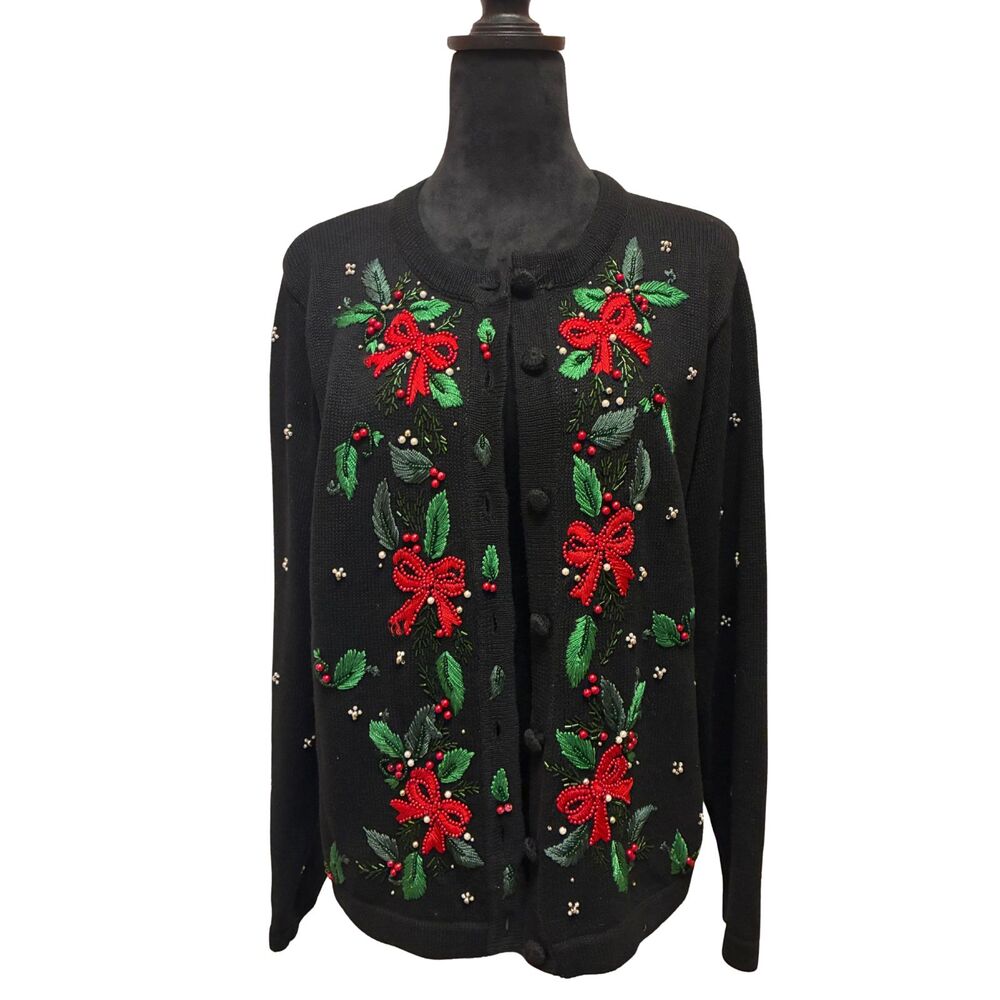 Black Embroidered Vintage Christmas Cardigan Holly Bows Pearl Accents Medium